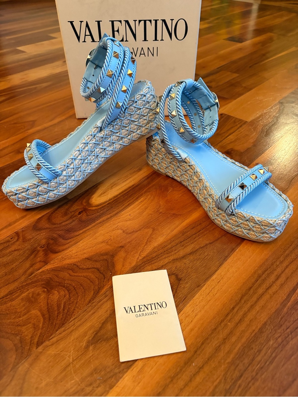 Valentino Garavani Rockstud Torchon Braided Espadrille Sandals, Powder Blue, NEW